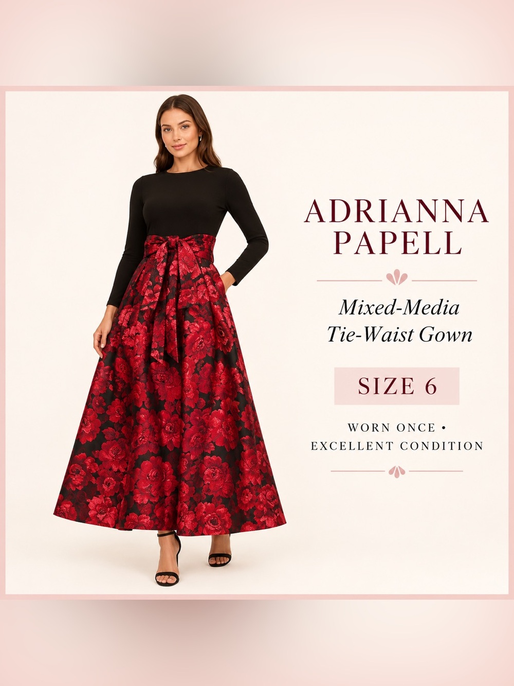 Adrianna Papell Black Top with Red Floral Tie-Waist Maxi Dress